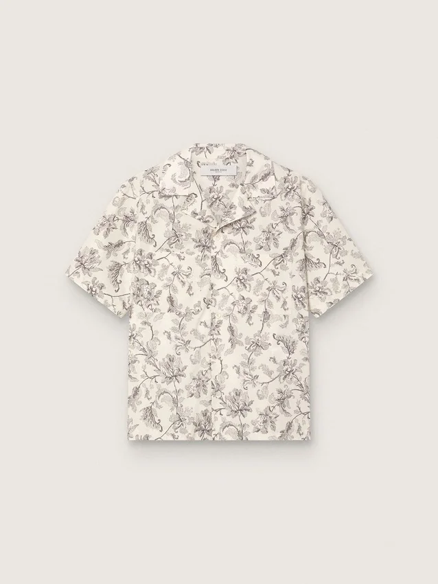 Kurzärmeliges Herrenhemd aus Baumwolle mit schwarz-weißem Blumenprint