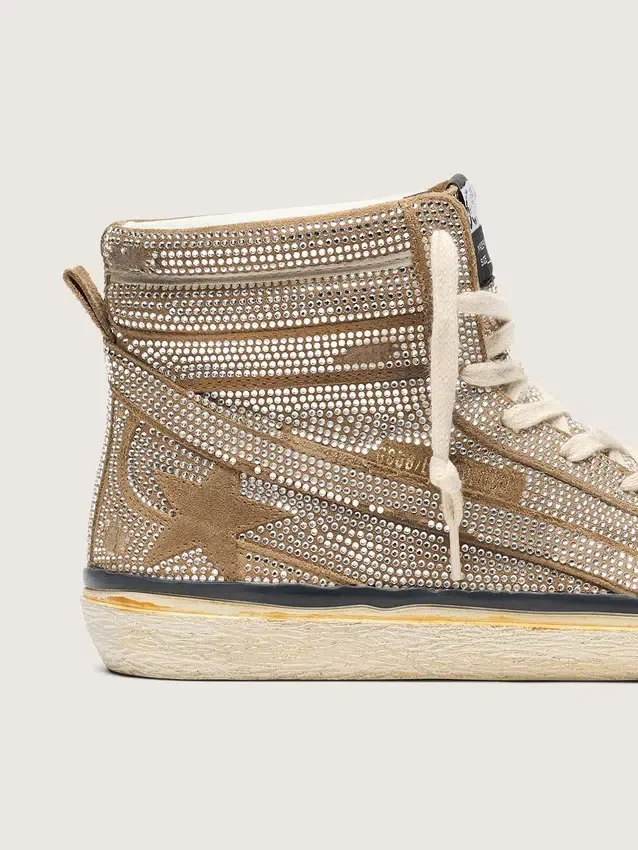 LAB-Sneaker für Damen im Slide-Stil aus tabakfarbenem Wildleder mit Kristallen und einem Stern aus tabakfarbenem Wildleder