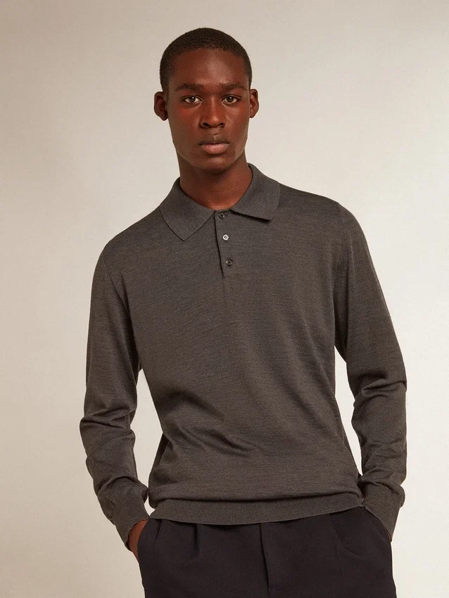 Langärmliges Herren-Poloshirt aus grauer Merinowolle