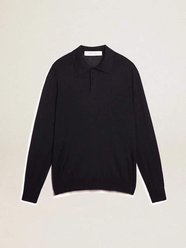 Langärmliges Herren-Poloshirt aus marineblauer Merinowolle