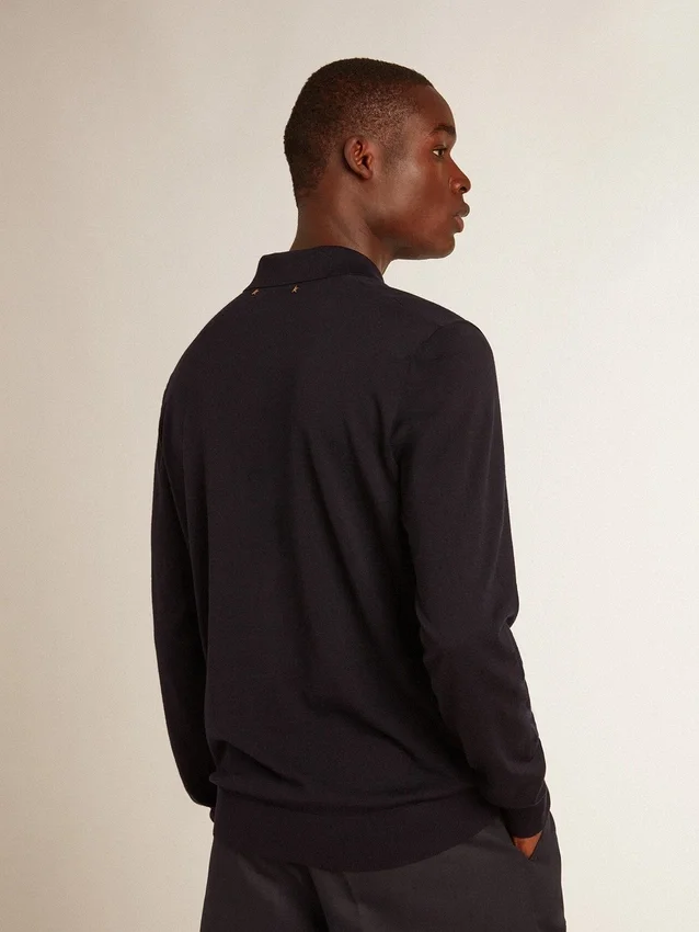 Langärmliges Herren-Poloshirt aus marineblauer Merinowolle