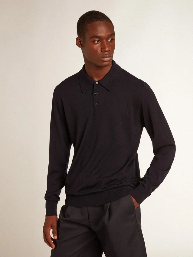 Langärmliges Herren-Poloshirt aus marineblauer Merinowolle