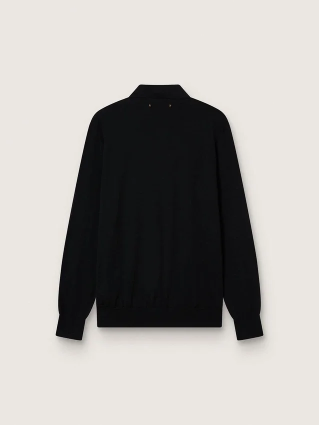 Langärmliges Herren-Poloshirt aus schwarzer Merinowolle