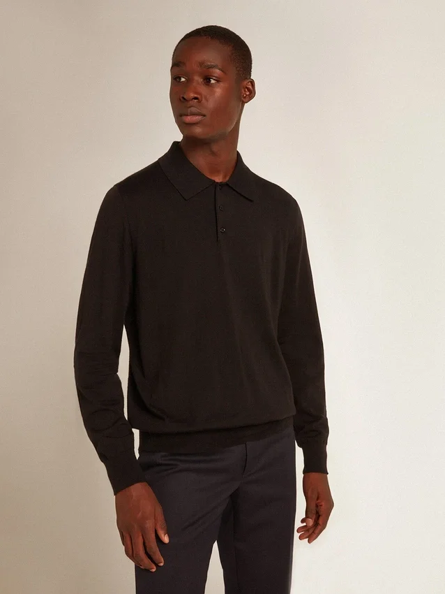 Langärmliges Herren-Poloshirt aus schwarzer Merinowolle