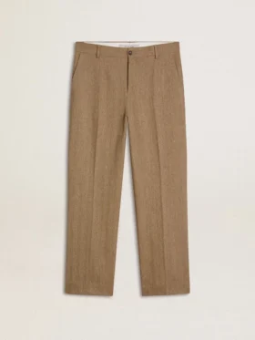 Maßgeschneiderte Hose aus sandfarbener Leinenmischung mit Chevron-Muster