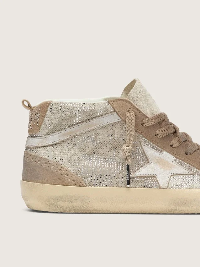 Mid Star für Damen aus beigem Wildleder mit silbernen Swarovski-Steinen und weißem Lederstern