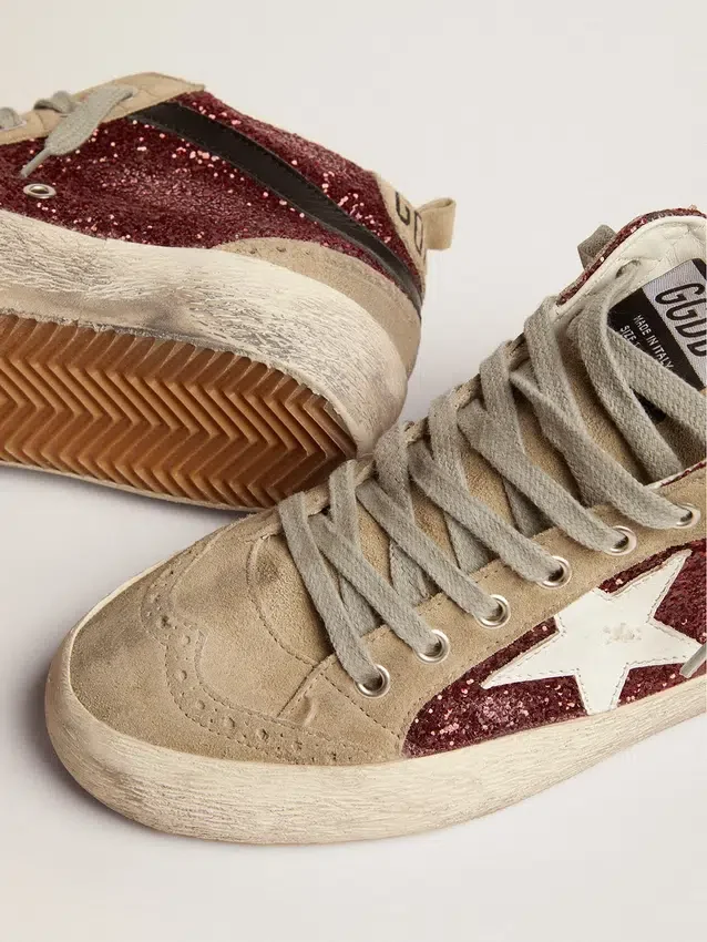 Mid Star für Damen in burgunderrotem Glitzer mit grauen Einsätzen und weißem Stern