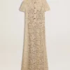 Midi-Kleid für Damen aus cremefarbener, durchscheinender Spitze