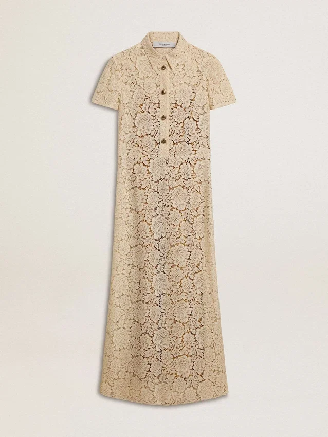 Midi-Kleid für Damen aus cremefarbener, durchscheinender Spitze