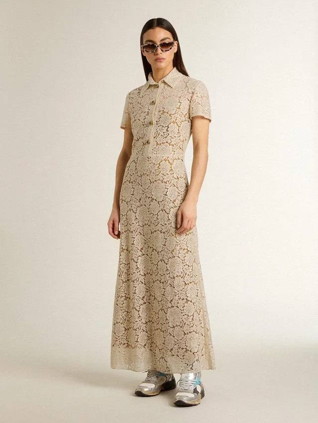 Midi-Kleid für Damen aus cremefarbener, durchscheinender Spitze