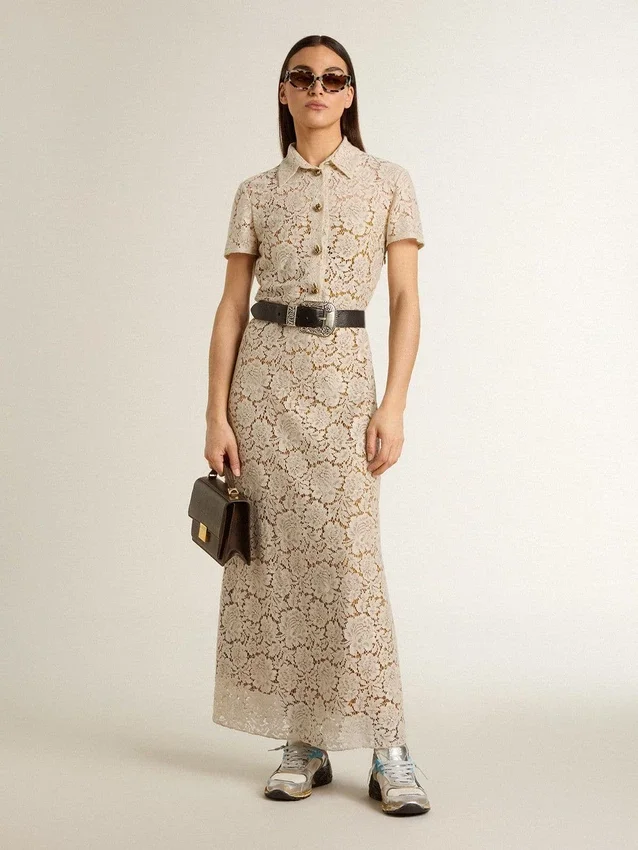 Midi-Kleid für Damen aus cremefarbener, durchscheinender Spitze