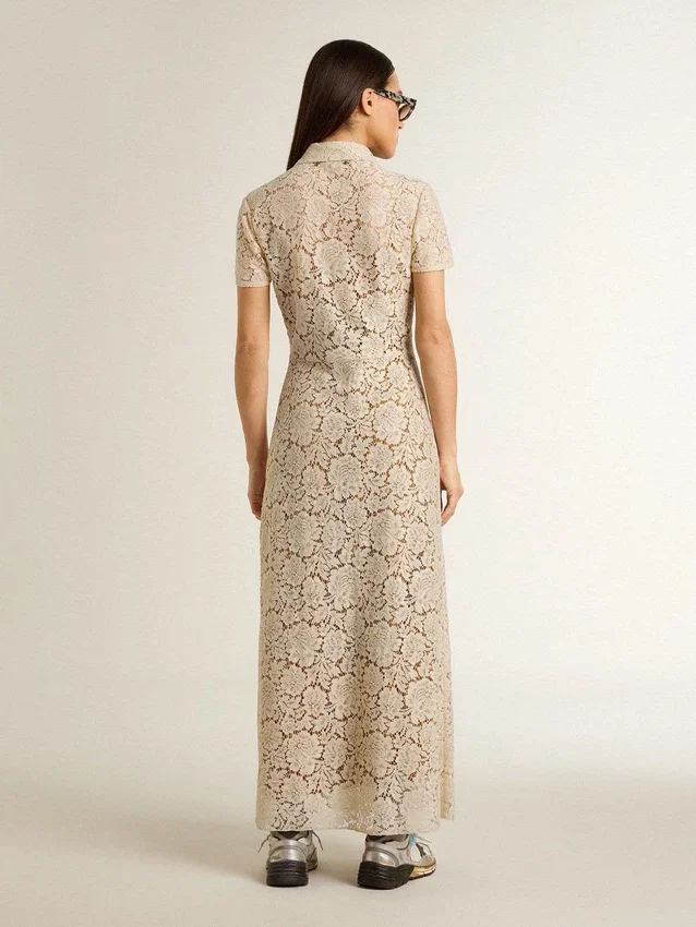 Midi-Kleid für Damen aus cremefarbener, durchscheinender Spitze