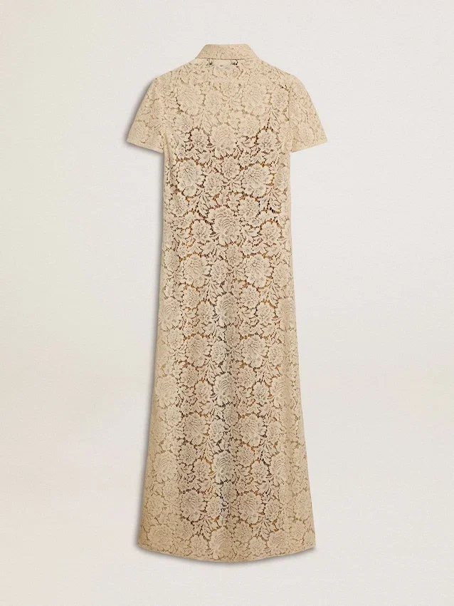 Midi-Kleid für Damen aus cremefarbener, durchscheinender Spitze