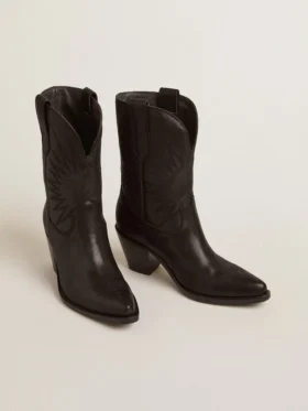 Niedrige „Wish Star“-Stiefel aus schwarzem Leder mit Ton-in-Ton-eingearbeitetem Stern