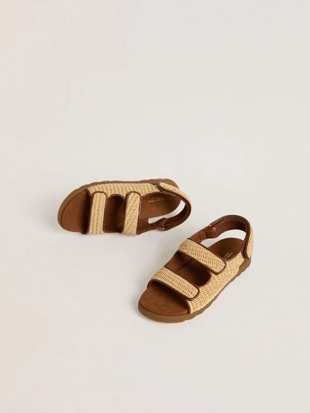 Noa Junior-Sandalen aus beigem Raffia und braunem Leder