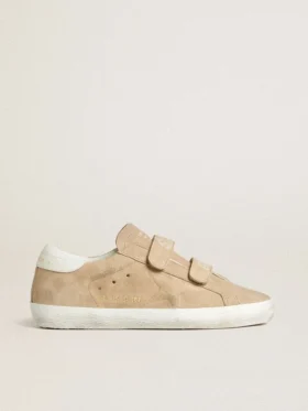 Old-School-Damenschuhe aus beigem Wildleder mit weißer Fersenlasche aus Leder