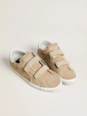 Old-School-Damenschuhe aus beigem Wildleder mit weißer Fersenlasche aus Leder