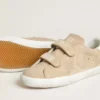 Old-School-Damenschuhe aus beigem Wildleder mit weißer Fersenlasche aus Leder