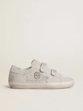 Old-School-Damenschuhe aus hellgrauem Wildleder mit einem Lederstern mit Mikroglitter