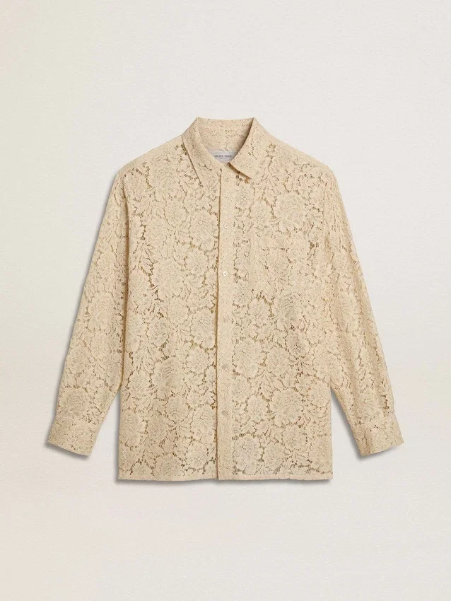 Oversize-Hemd aus cremefarbener, durchscheinender Spitze