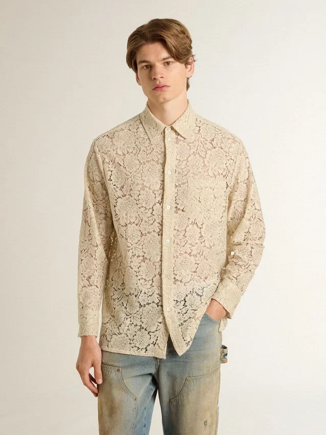 Oversize-Hemd aus cremefarbener, durchscheinender Spitze