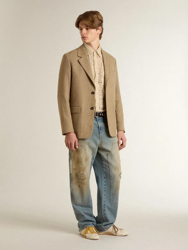 Oversize-Hemd aus cremefarbener, durchscheinender Spitze