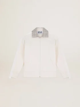 Papyrusweißes Sweatshirt mit Reißverschluss aus der Denise Star Collection und Kristallkragen