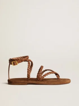 Penelope-Flachsandalen für Damen aus tabakfarbenem Leder mit Wildledersohle
