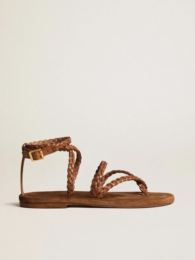 Penelope-Flachsandalen für Damen aus tabakfarbenem Leder mit Wildledersohle