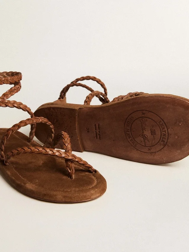 Penelope-Flachsandalen für Damen aus tabakfarbenem Leder mit Wildledersohle