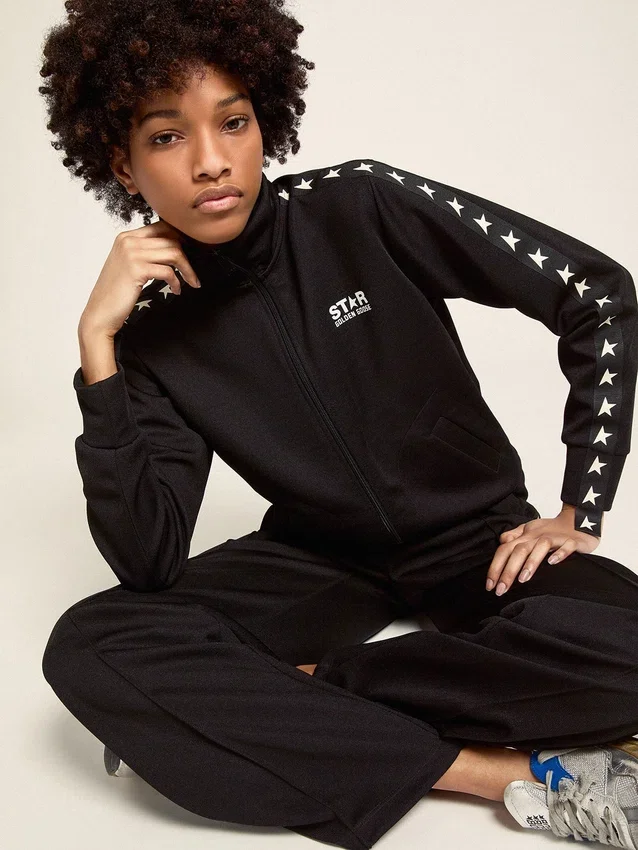 Schwarzes Damen-Sweatshirt mit Reißverschluss und weißen Sternen