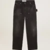 Schwarze Damenjeans aus Baumwolle im Distressed-Look mit Aufnähern auf der Vorderseite