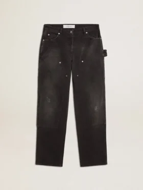 Schwarze Damenjeans aus Baumwolle im Distressed-Look mit Aufnähern auf der Vorderseite