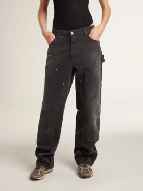 Schwarze Damenjeans aus Baumwolle im Distressed-Look mit Aufnähern auf der Vorderseite