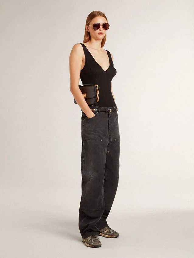 Schwarze Damenjeans aus Baumwolle im Distressed-Look mit Aufnähern auf der Vorderseite