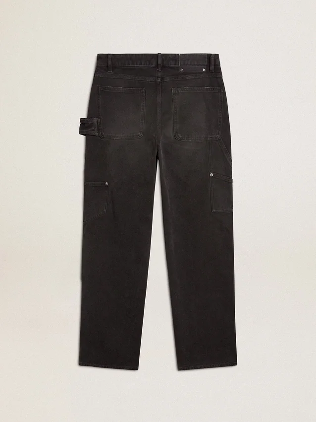 Schwarze Damenjeans aus Baumwolle im Distressed-Look mit Aufnähern auf der Vorderseite