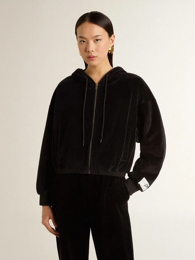 Schwarzer Damen-Hoodie aus Baumwollmischung mit Reißverschluss