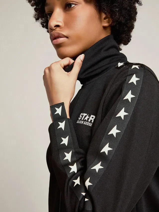 Schwarzes Damen-Sweatshirt mit Reißverschluss und weißen Sternen
