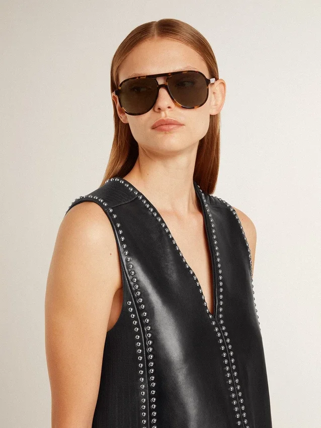 Schwarzes Nappalederkleid für Damen mit Nieten