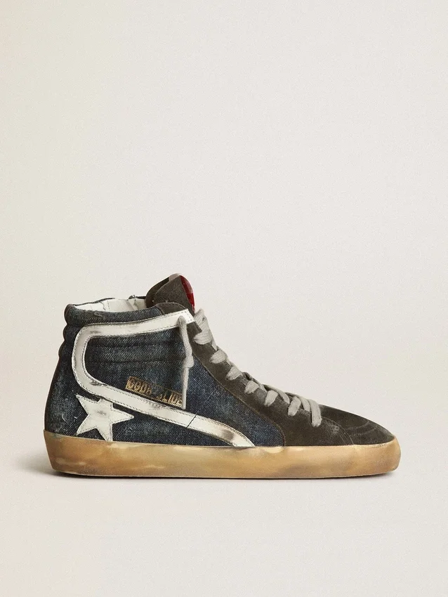 Slide aus mitternachtsblauem Denim mit weißem Lederstern