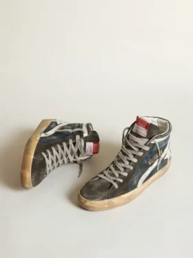 Slide aus mitternachtsblauem Denim mit weißem Lederstern