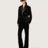 Slim-Fit-Hose mit ausgestelltem Bein aus schwarzem Baumwollsamt für Damen