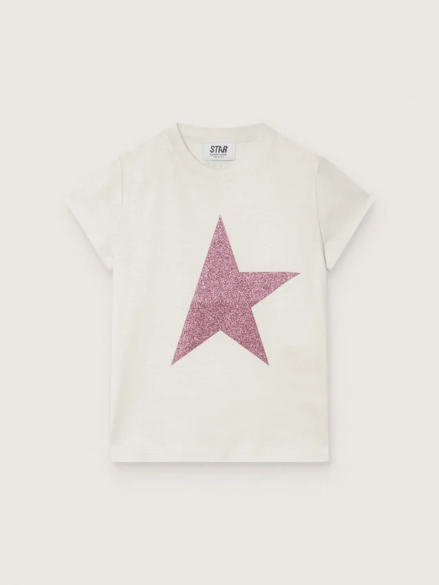 „Star“-Mädchen-Hemd aus weißem Baumwolljersey mit rosa Glitzerstern