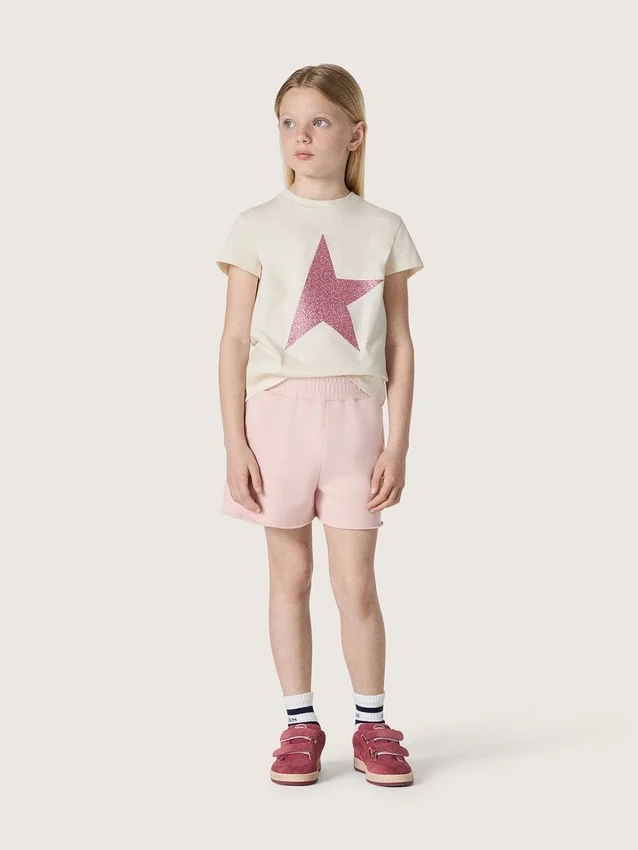 „Star“-Mädchen-Hemd aus weißem Baumwolljersey mit rosa Glitzerstern