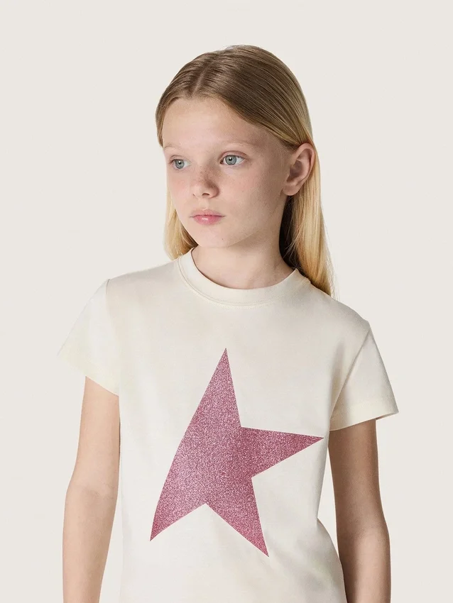 „Star“-Mädchen-Hemd aus weißem Baumwolljersey mit rosa Glitzerstern