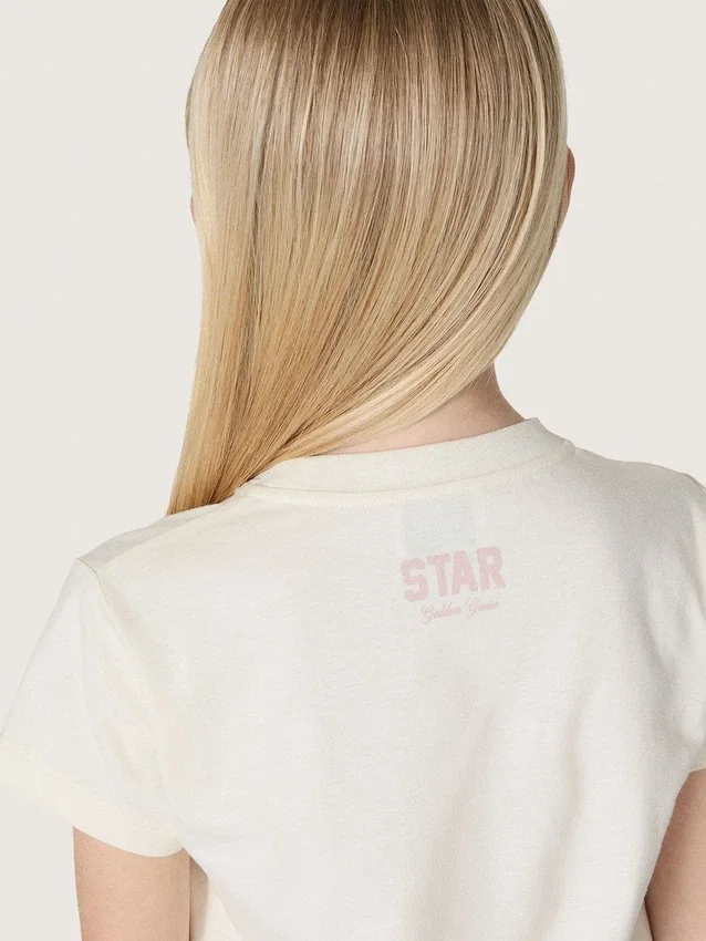 „Star“-Mädchen-Hemd aus weißem Baumwolljersey mit rosa Glitzerstern
