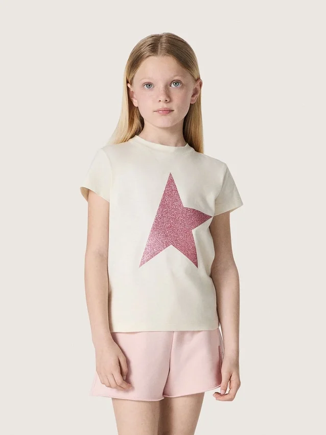 „Star“-Mädchen-Hemd aus weißem Baumwolljersey mit rosa Glitzerstern