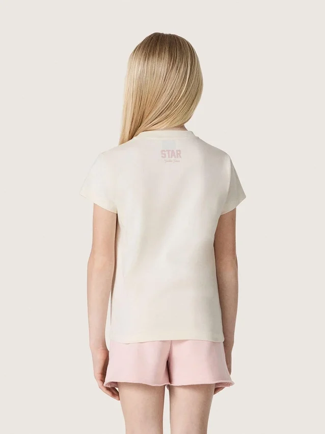 „Star“-Mädchen-Hemd aus weißem Baumwolljersey mit rosa Glitzerstern