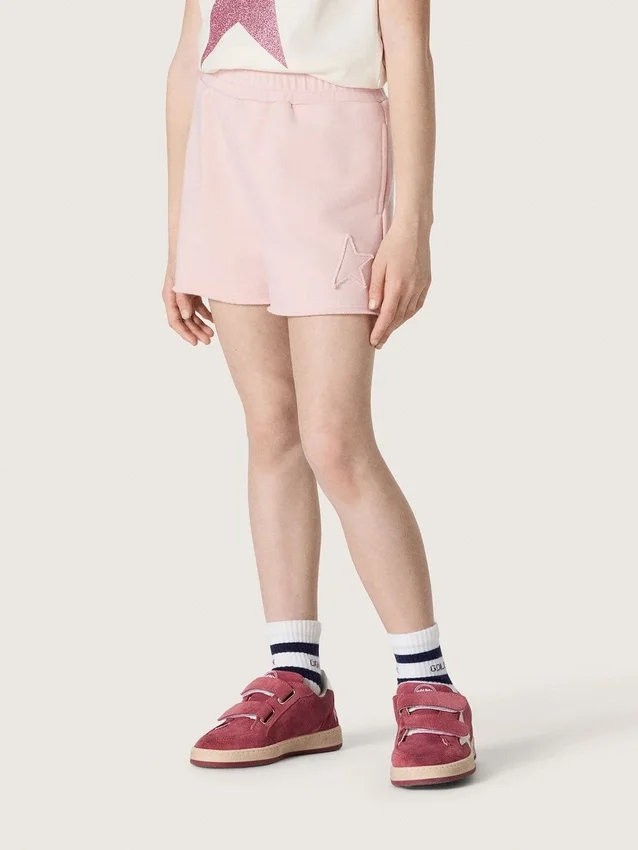 „Star“-Mädchenshorts aus rosa Baumwolle mit Aufnäher und Logo