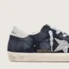 Super-Star für Damen aus blauem Wildleder mit silbernem Glitzerstern und Lederlasche am Fersenbereich
